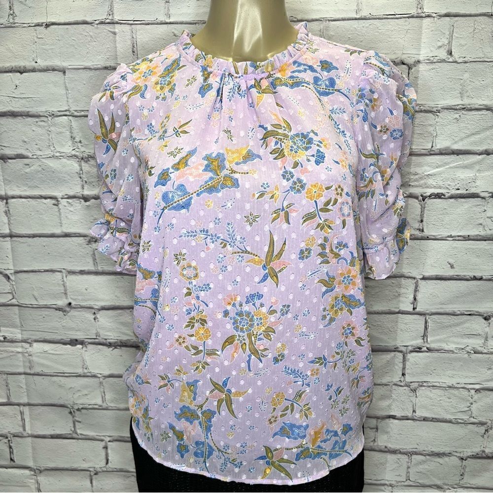 Rachel Zoe Purple Floral Ruffle High Neck Dot Textured Blouse size M